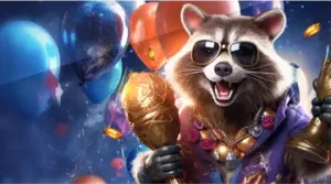 Image featuring a raccoon in a spacesuit holding a gift box, promoting the weekly bonus at Casino Kometa with a playful cosmic theme.