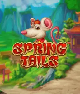 An enchanting illustration of a white rat wearing a red traditional Chinese outfit positioned in front of a scenic landscape with mountains. The image promotes the Spring Tails game by Betsoft, showcased with bold red and gold logo text.